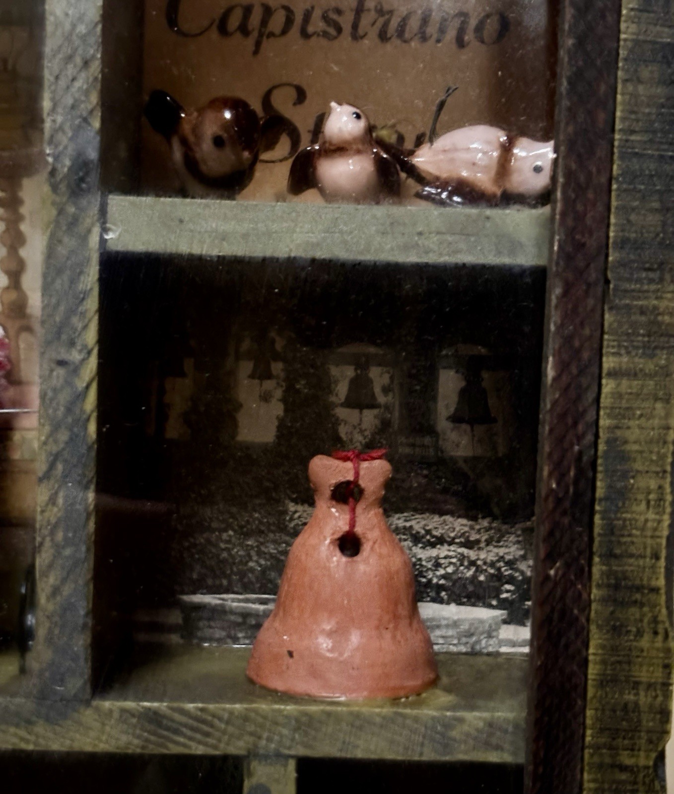 VTG Wooden Capistrano Shadow Box-Swallows Cat Dog Iron Holly Hobbie Rx Dice Bell