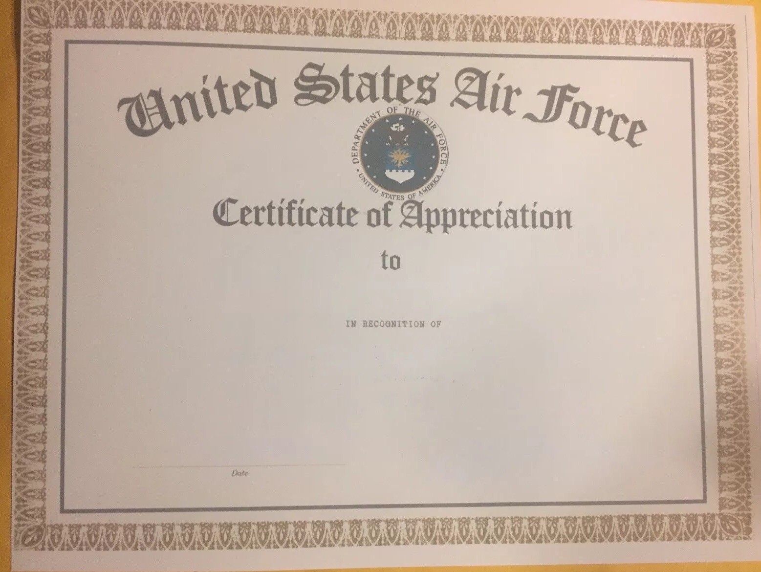 UNITED STATES AIR FORCE Certificate Of Appriciation. Fill In Your Own Info.