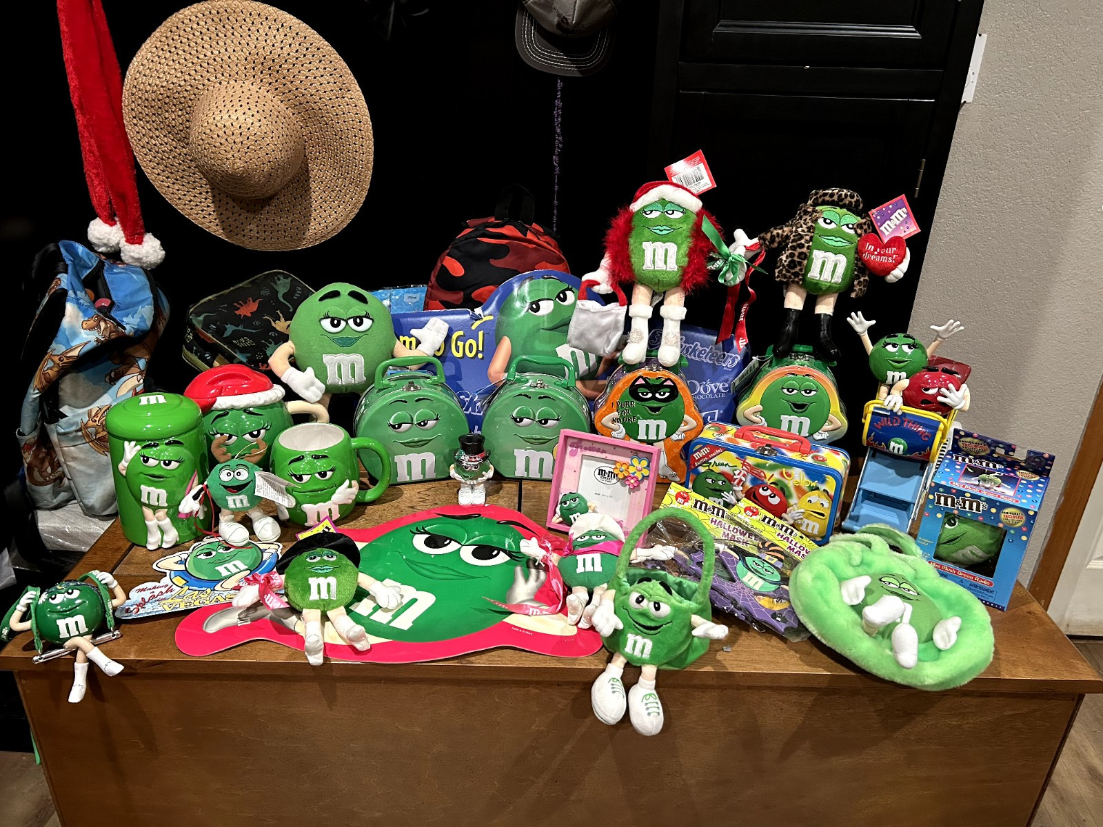 Large Lot All Green M&M Mug Jar Lunch Dispenser Tea Halloween Christmas Deal!!