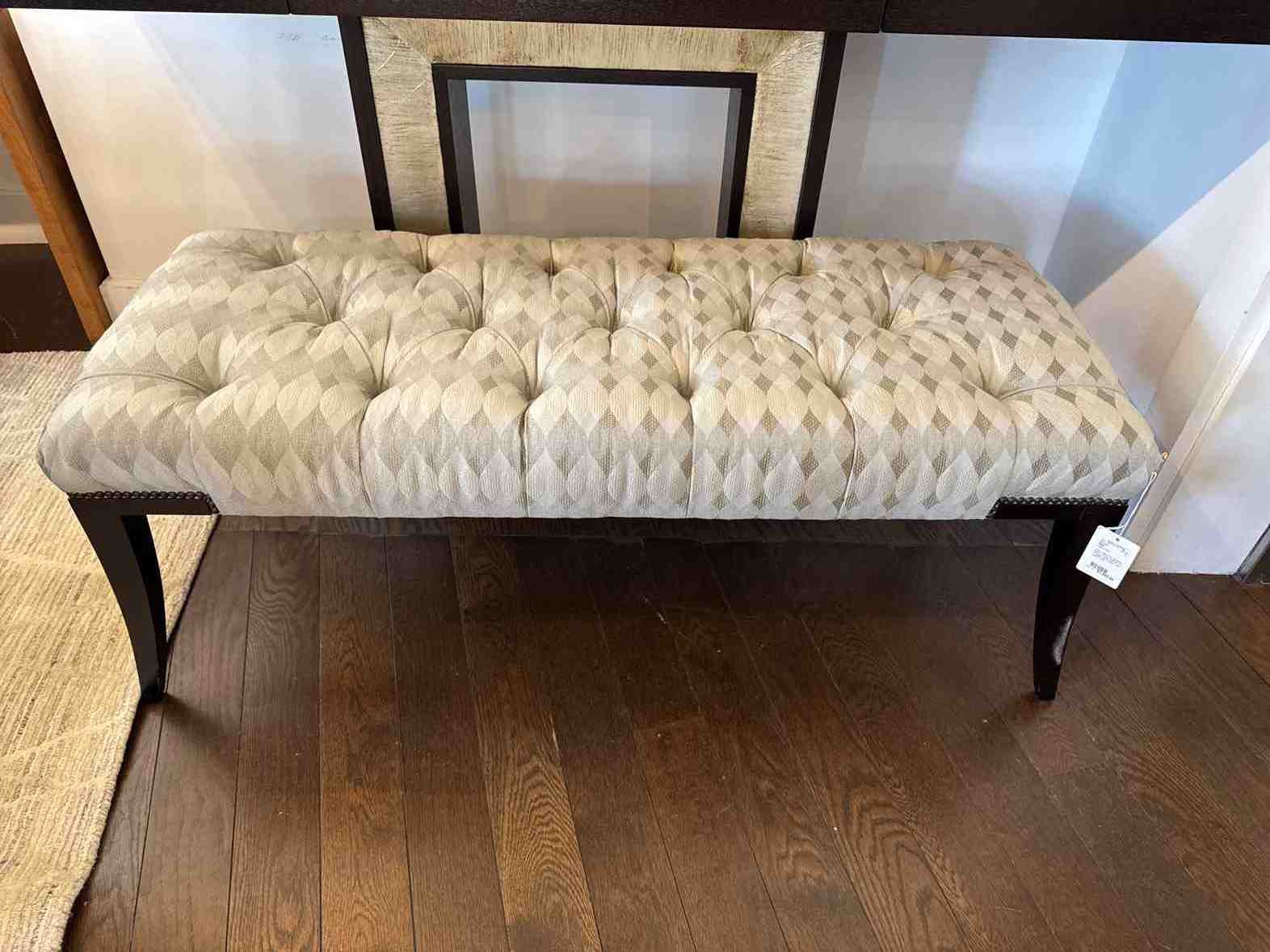 Adam Tufted Gray Diamonds Bench w/ Brass Nailhead Trim & Maple Legs by Baker