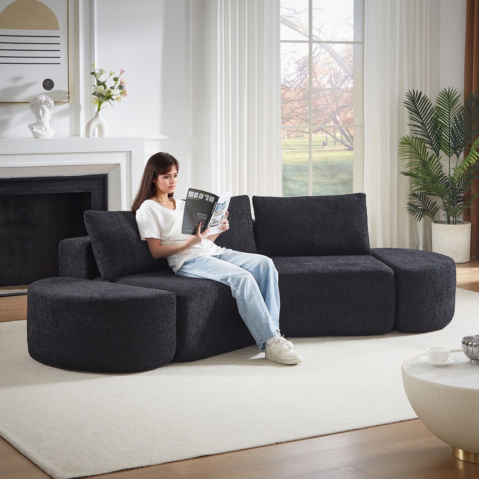 106.3-inch V-shaped modular sofa set in chenille fabric, featuring three throw p