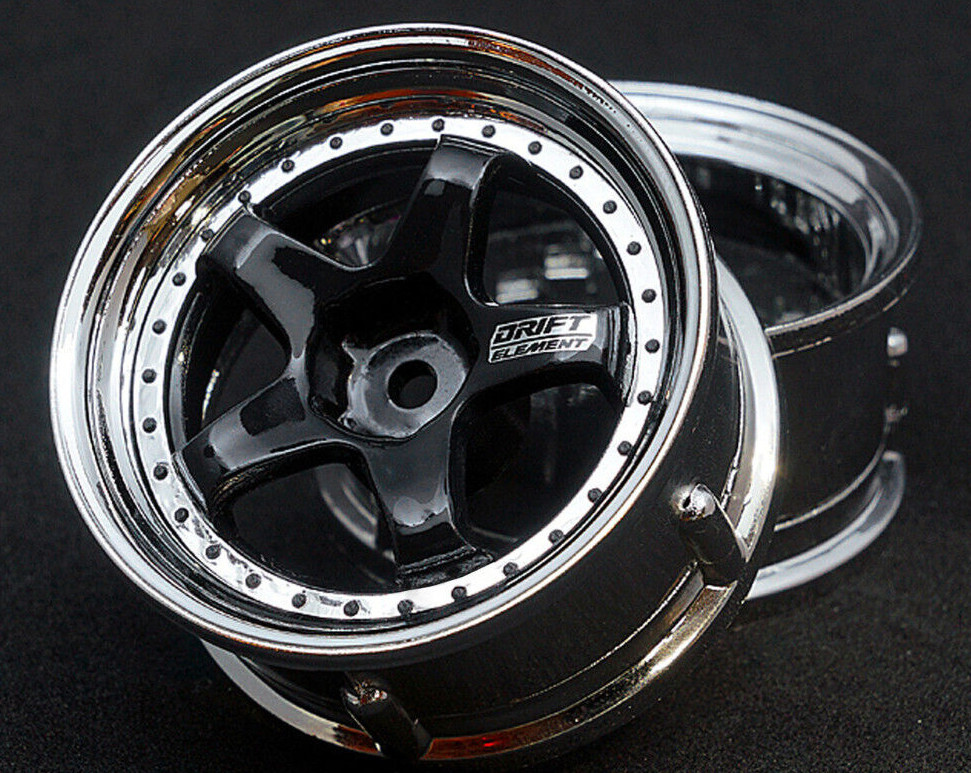 DS Racing 1/10 5 SPOKE RIMS Adjustable Offset Wheels BLACK/CHROME 2PCS #DE-014