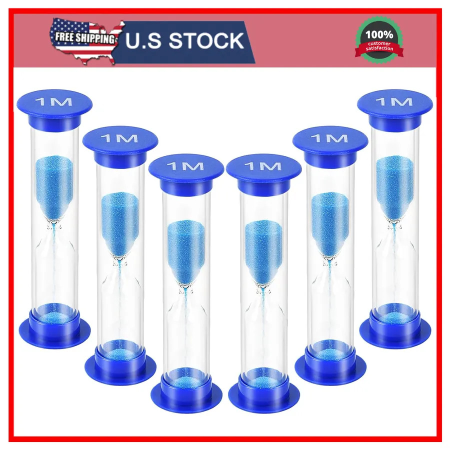 6Pcs 1 Minute Sand Timer Set Blue Mini Glass Hourglass Sand Clock Timers