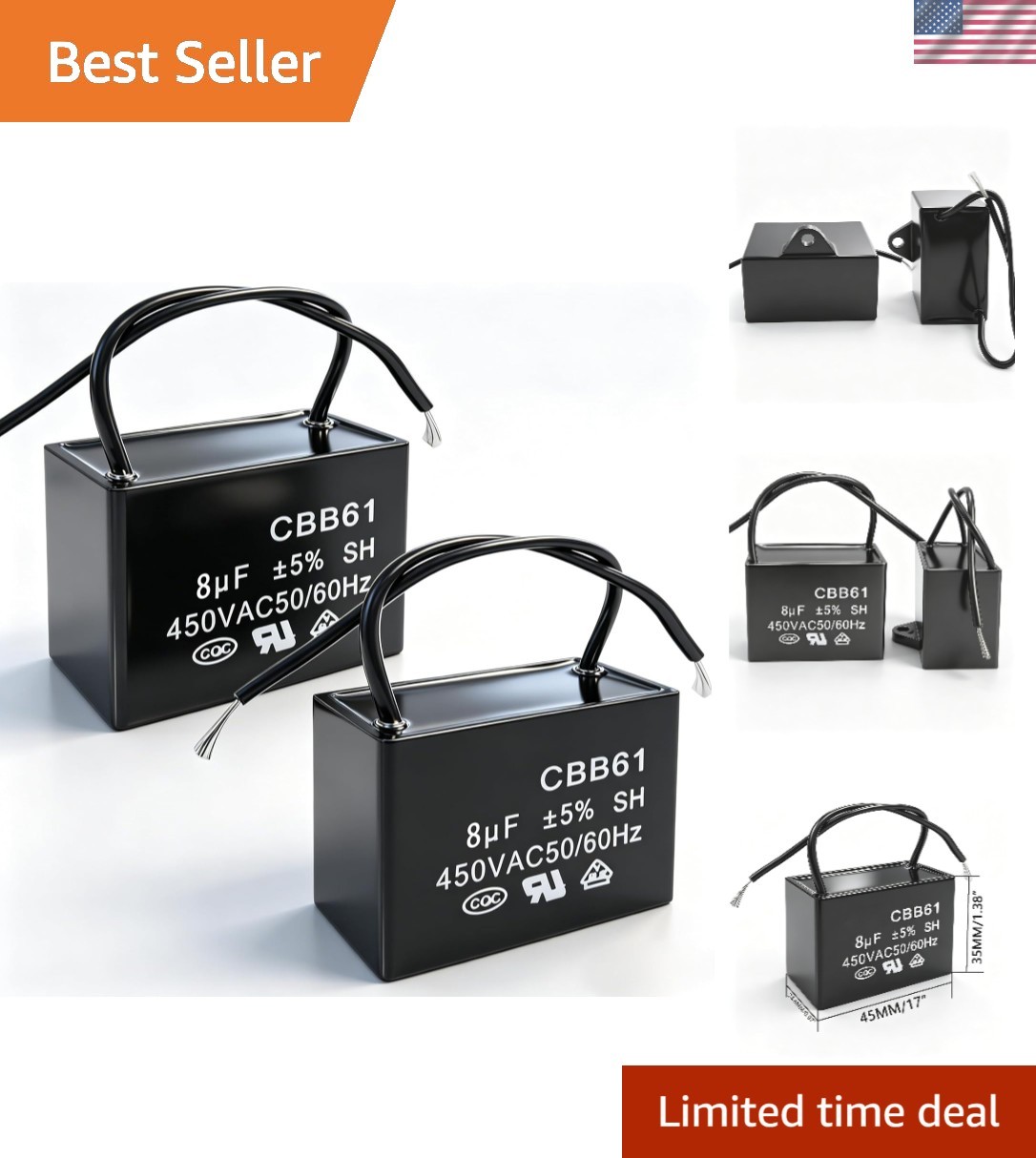 2-Pack 8uF Ceiling Fan Capacitors 450V AC,  Polypropylene Film Safety