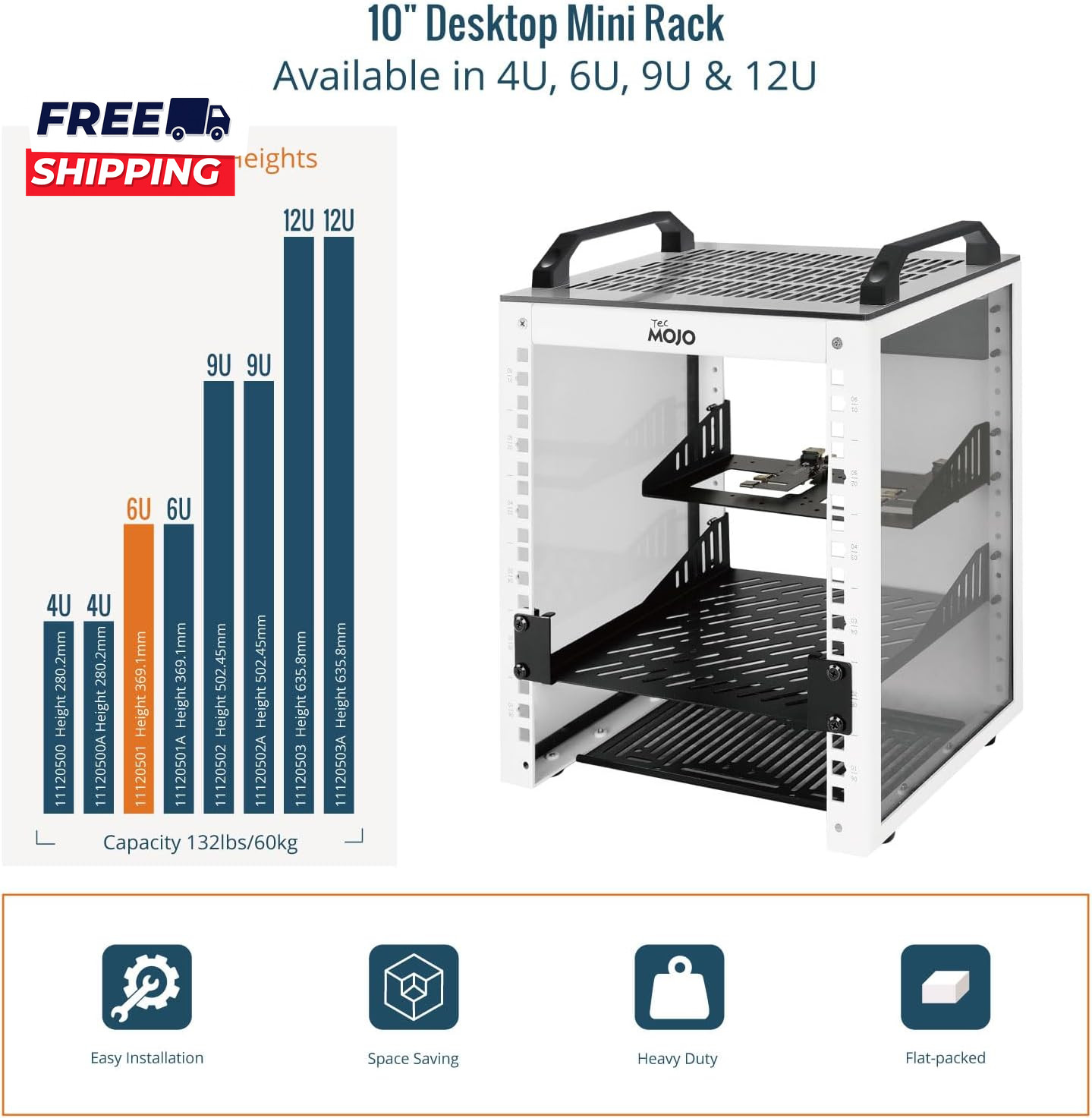 6U Network Rack 10 Inch Mini Server Rack with 2 Side Translucent Panels & 2 Top