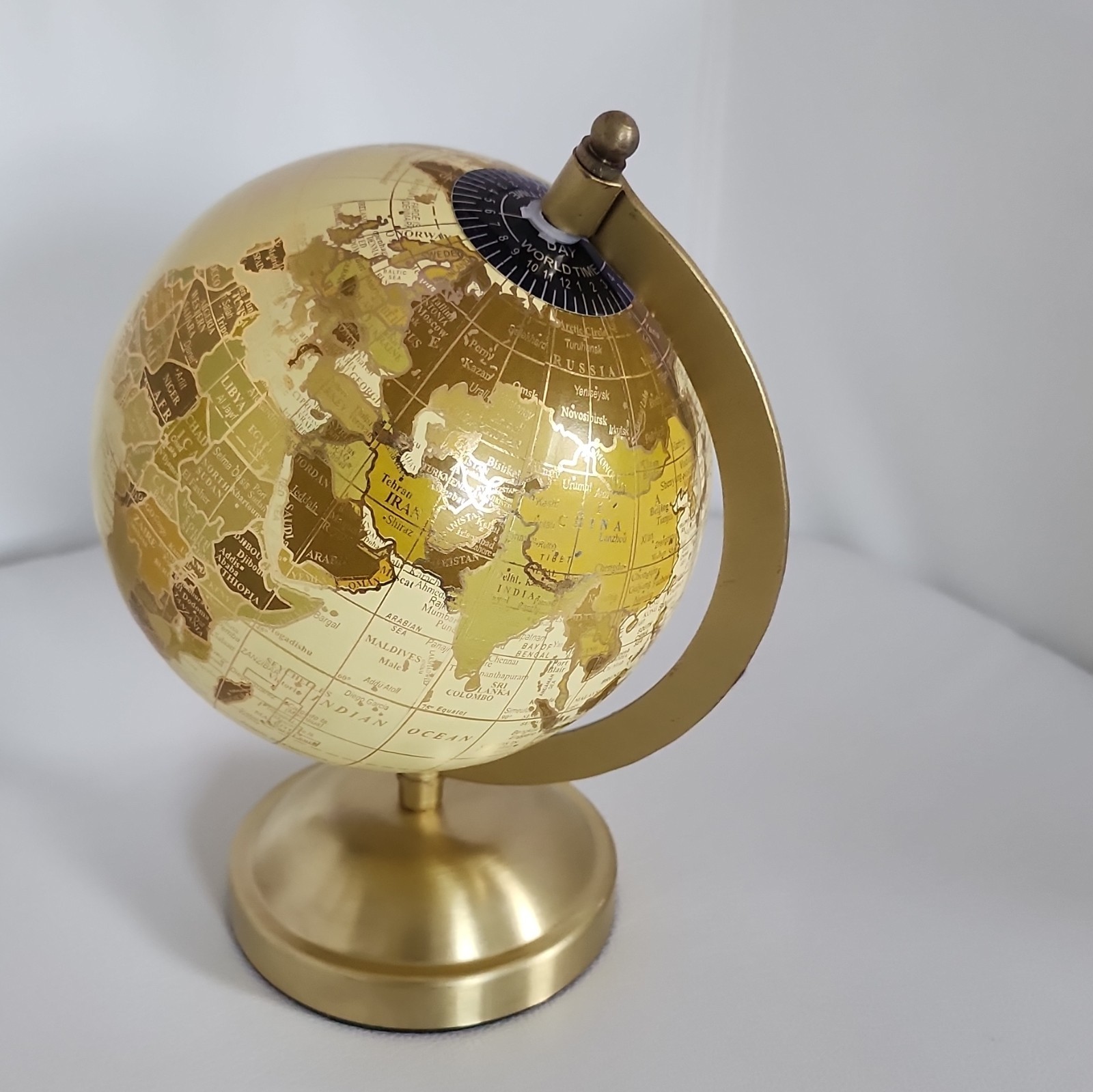 Gold Finish Decorative Rotating Tabletop Globe with Metal Base, Medium Size