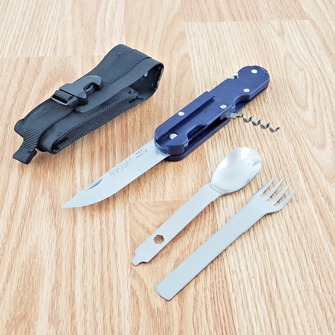 TB Outdoor Bivouac Multi Tool Corkscrew Large/Small Blade Spoon Fork Blue Handle