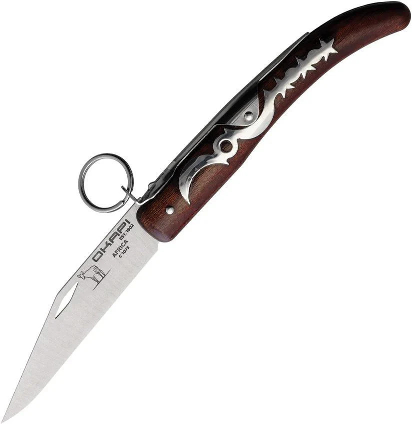 Okapi Keyring Lock Folder Folding Pocket Knife Wood Handle Brown Clip Point EDC
