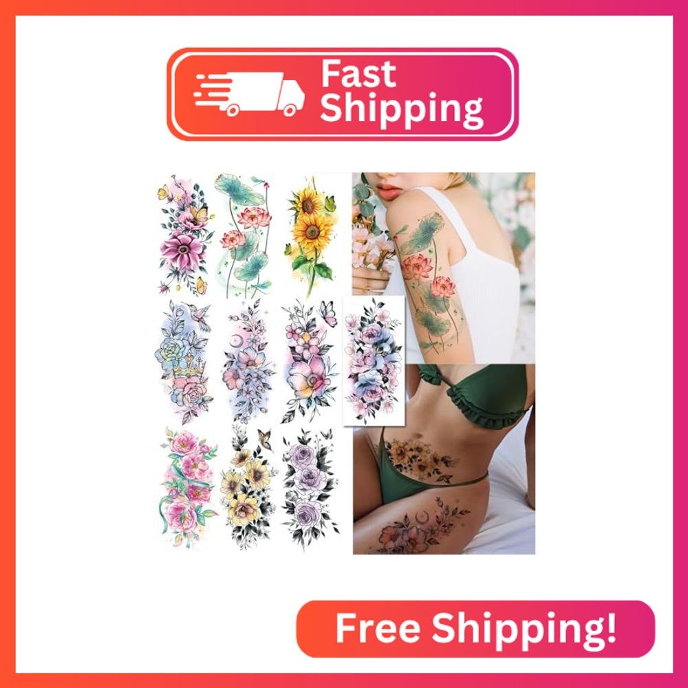 CHARLENT Watercolor Flower Temporary Tattoos for Women Girls - 10 Large Sheets S