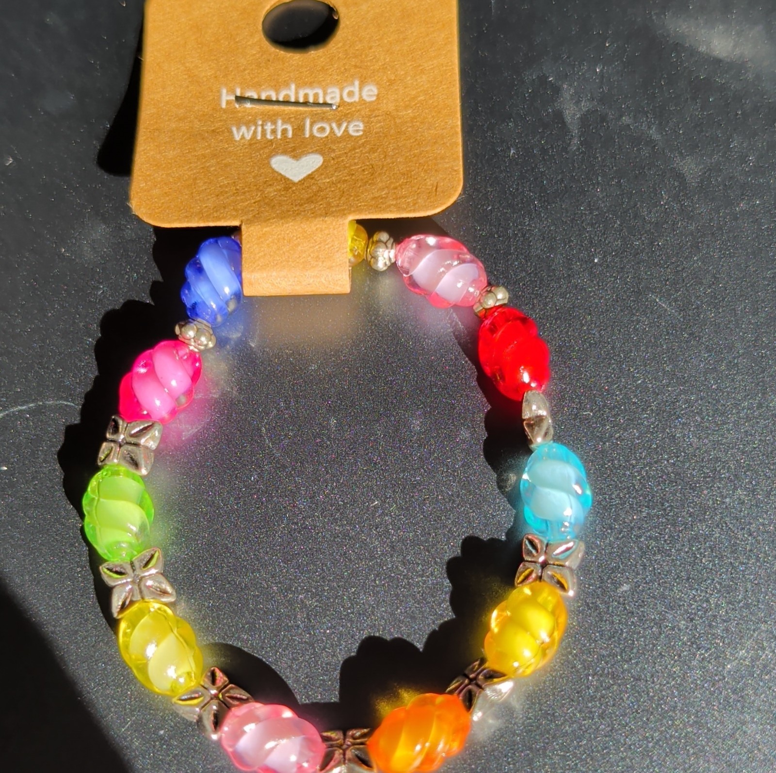 Beaded Bracelet Multicolor Plastic Round Beads Silver Accents Stretch Handmade