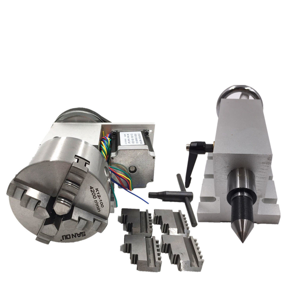 CNC Router Rotational Rotary Axis Hollow Shaft 100mm 4Jaw Nema23 Motor Tailstock