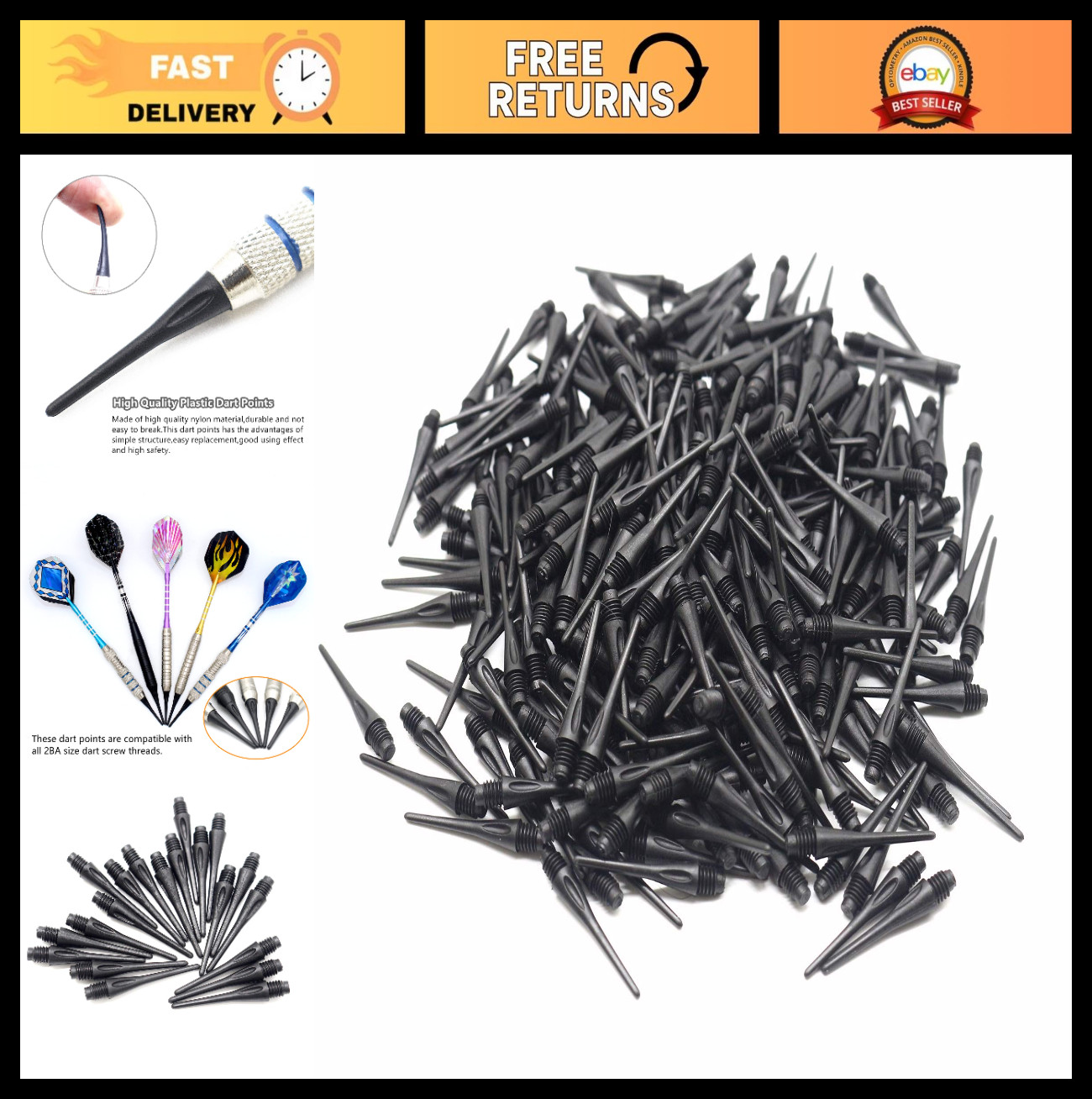 300 Pack Soft Dart Tips - 2BA Thread Plastic Replacement Points for Darts