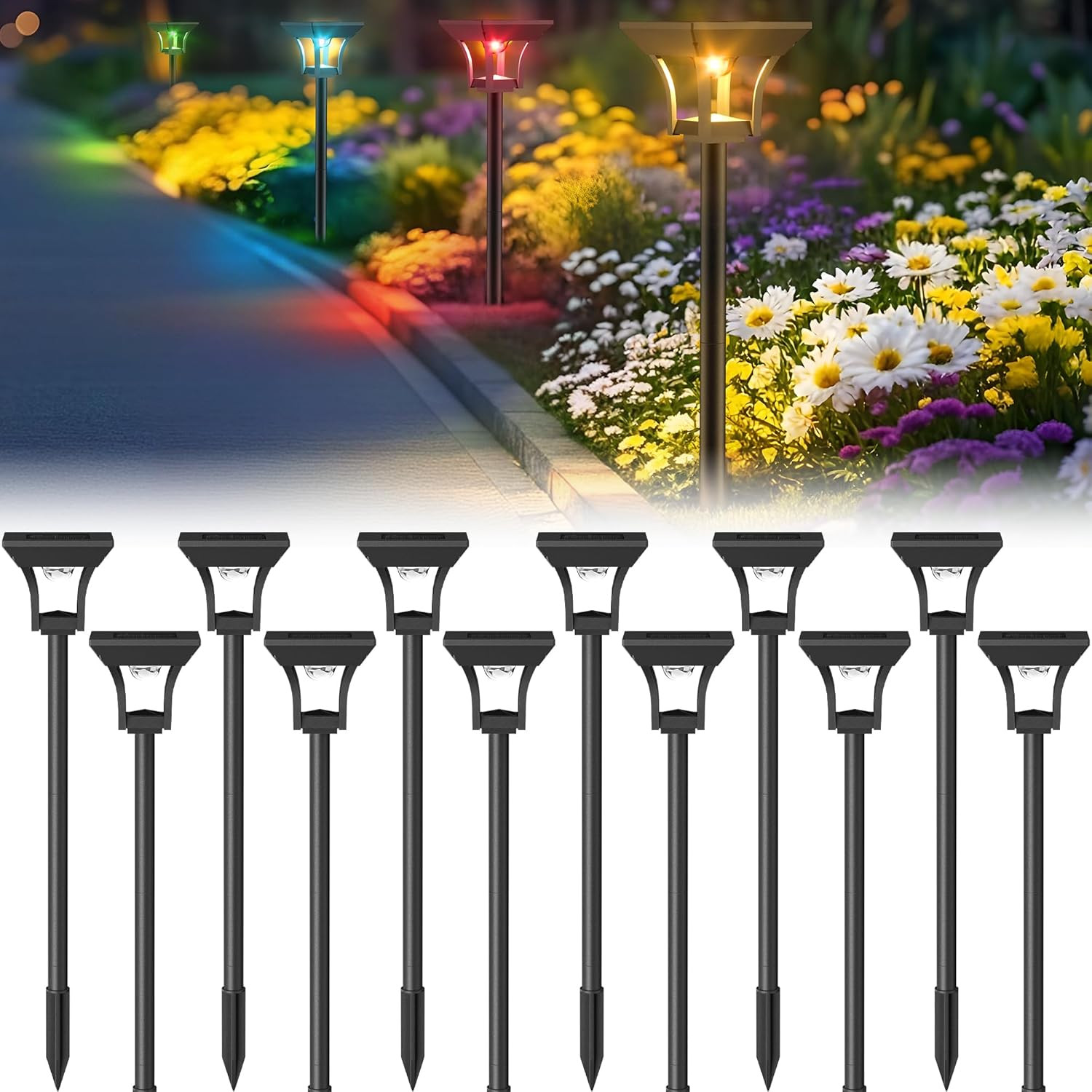 12 Pack RGBCW Solar Pathway Outdoor Lights, 3 Lighting Modes Solar LED Garden Li