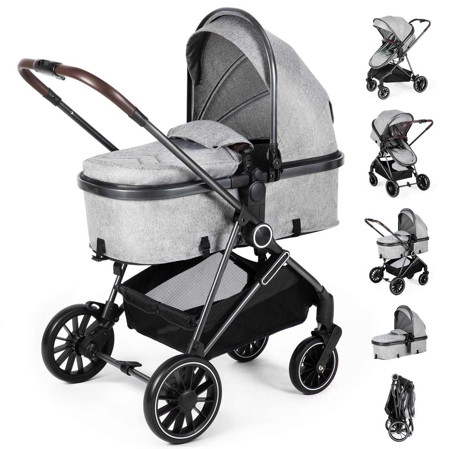 2-in-1 Baby Stroller with Bassinet Mode - Folding Infant Newborn Pram with Rever