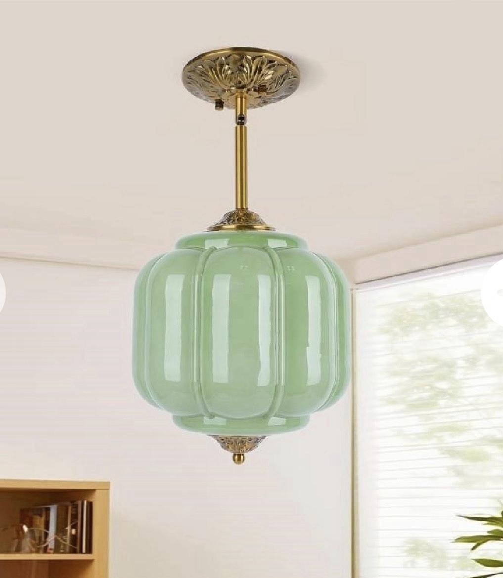 Milk Glass Ceiling Light Fixture - Antique Brass Semi Flush Mount (Green, 9 inch