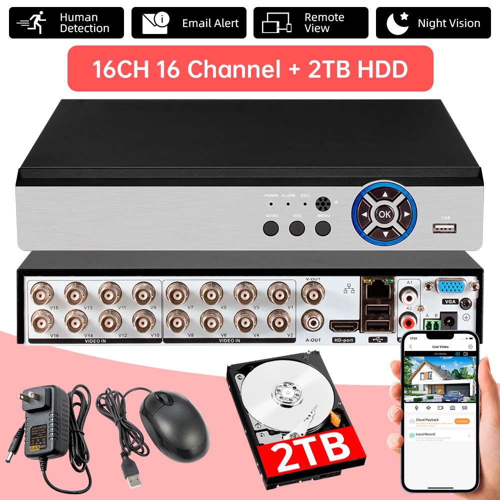 16CH H.265+ 5MP Lite DVR Recorder +2TB HDD for CCTV Home Security Camera System
