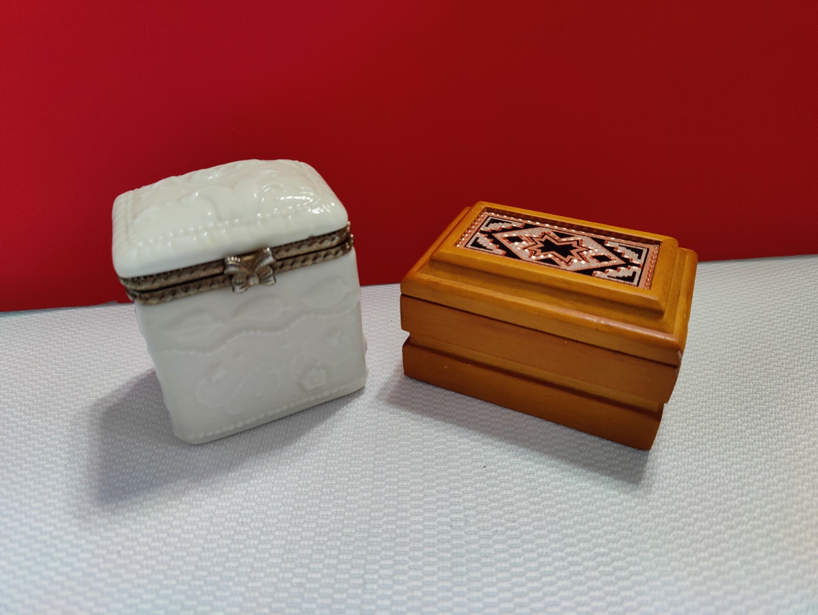 2 Trinket Boxes Ivory Porcelain  Flowers & Leaves + Wooden Mosaic Design
