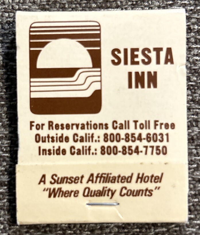 Vintage SIESTA INN Hotel Full Matchbook, Buena Park, CA.
