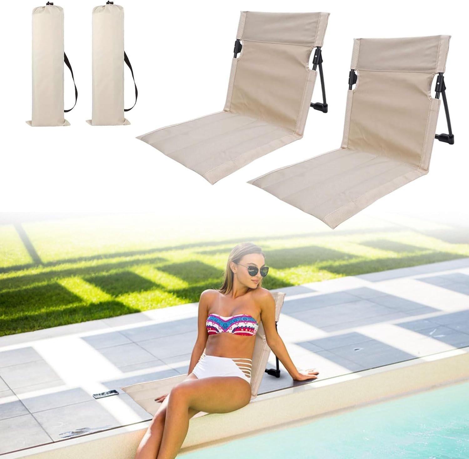 2 Pack Foldable Pool Chairs Portable Beach Lounge Chairs with Carry Bag