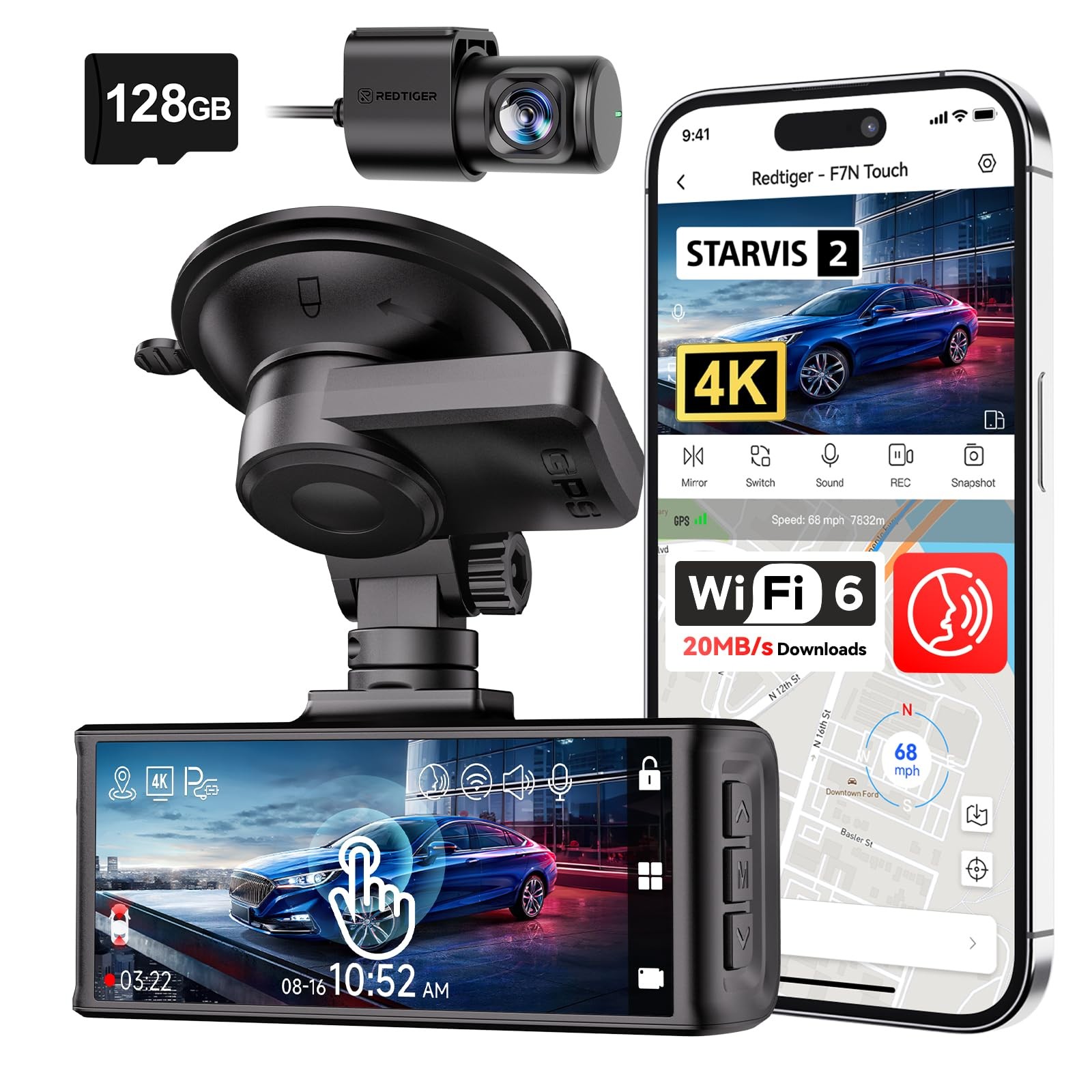 4K STARVIS 2 Dash Cam Front and Rear, 5GHz WiFi 20MB/s Download, 128GB Card I...