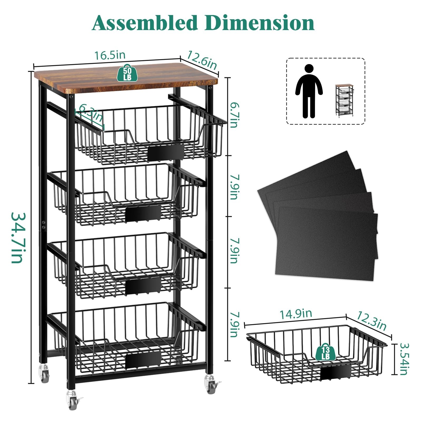 5tier Vegetable Fruit Basket Kitchen Storage Rolling Cart On Wheels With Pullout