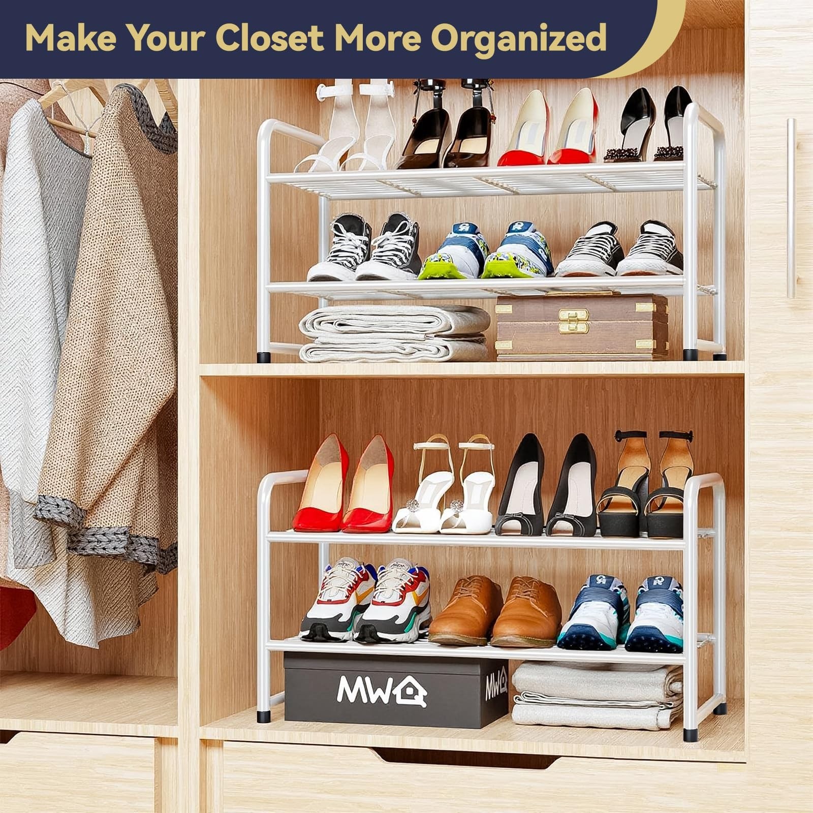 2 Tier Shoe Rack Organizer for Closet, Stackble,White White 2 Tier