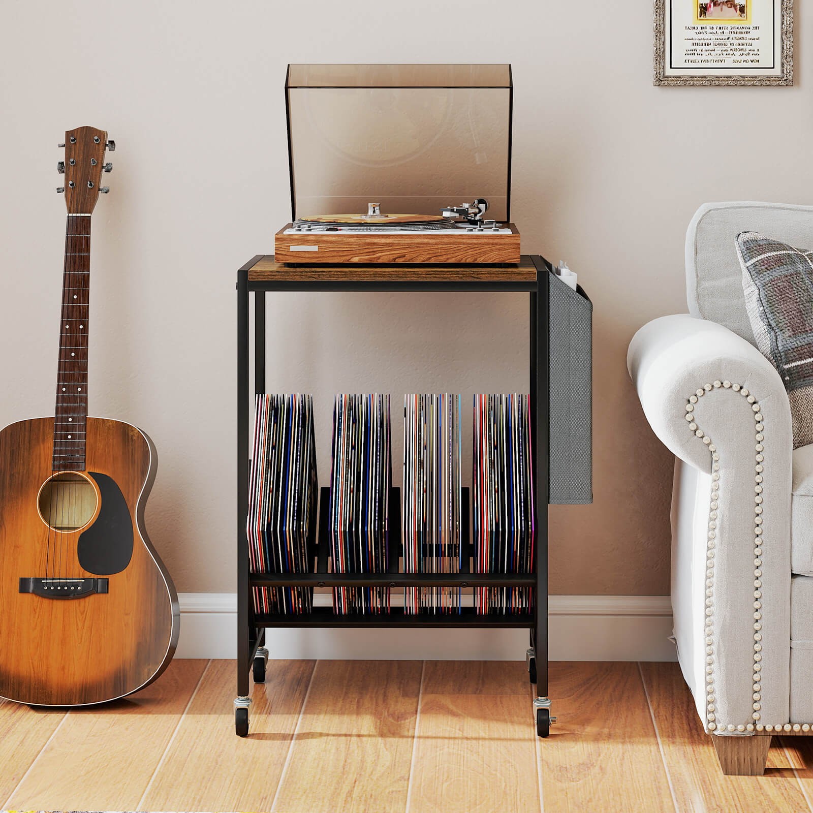 Record Player Stand w/Vinyl Record Storage & Side Storage Pouch, Swivel Wheels