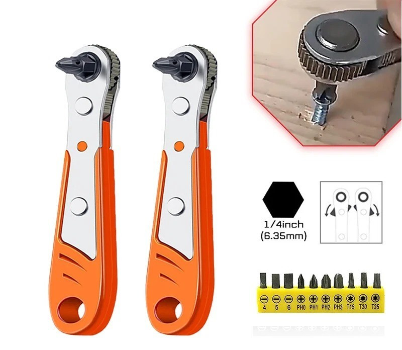 Ratcheting Right Angle Screwdriver Hex Drive 90 Degree Offset + 10pc Bits Set!