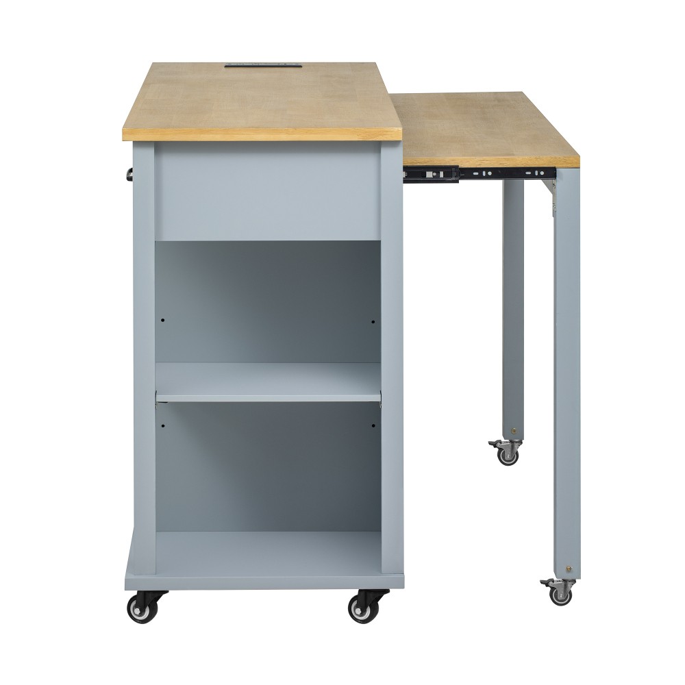 47-inch Kitchen Island w/ Extendable Table, Storage, Outlet - Grey Blue