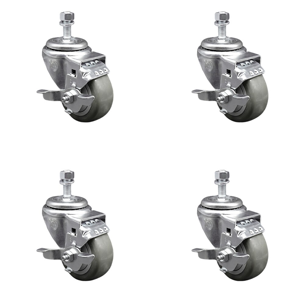 3.5 Inch Gray Polyurethane Swivel 12mm Threaded Stem Caster Set with Brake