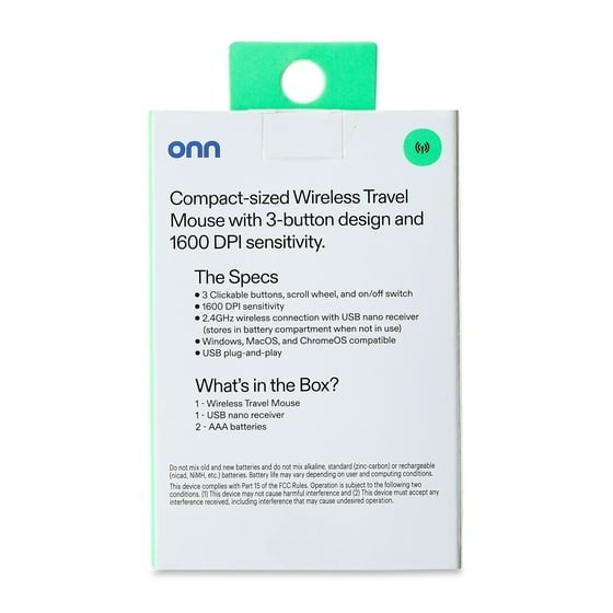 onn Wireless Travel Mouse with 3 Buttons and Scroll Wheel,Wireless USB Receiver