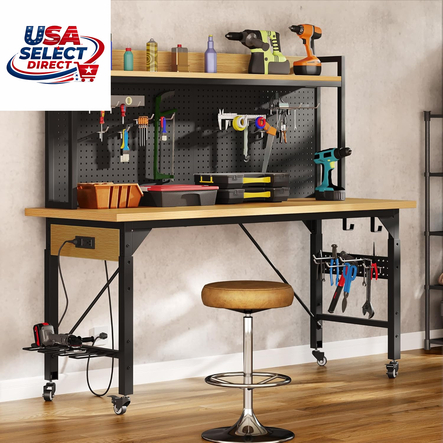 48" Adjustable Workbench with Pegboard, Wheels, 1600 LB Capacity