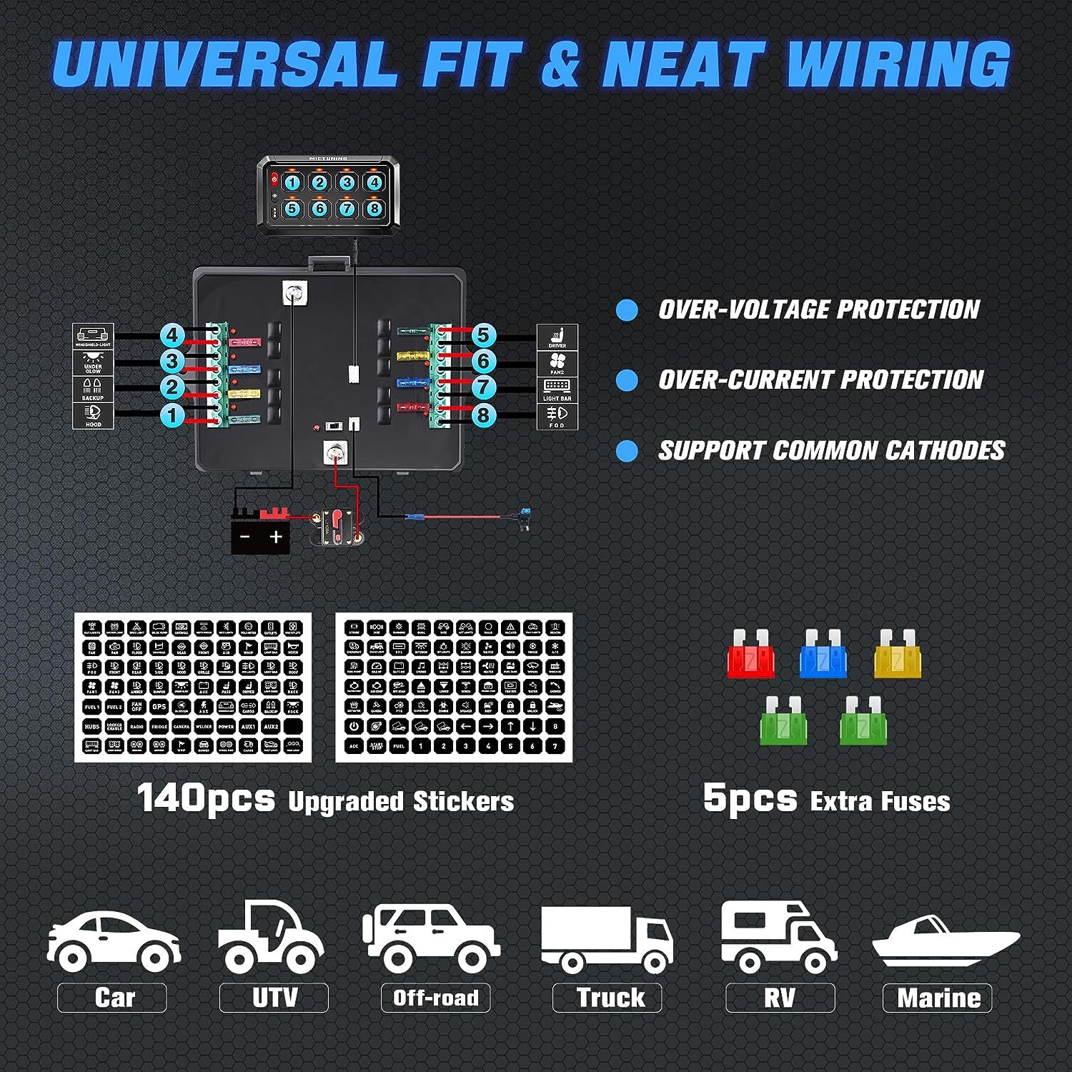 MICTUNING RGB 8 Gang Switch Panel Dimmable LED Light Bar Relay System Marine Boa