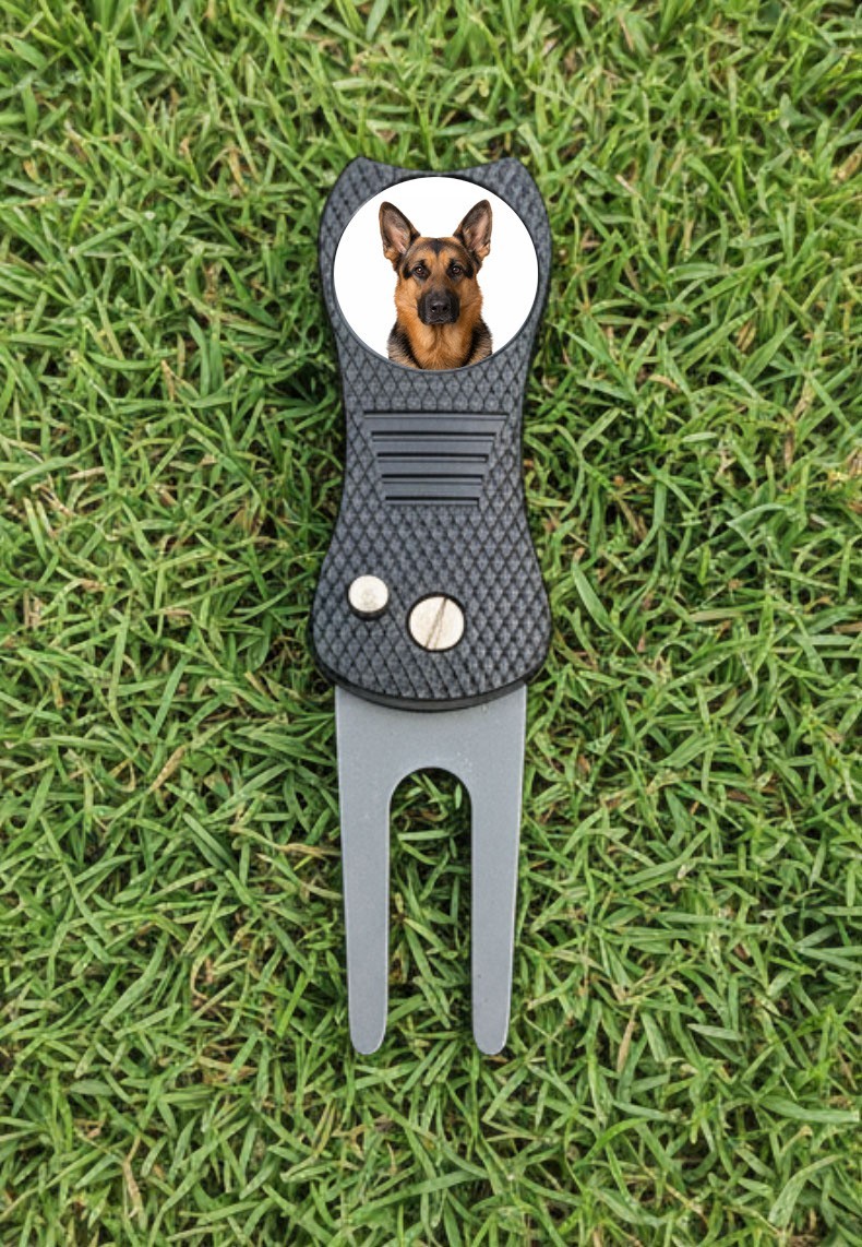 Black Tan German Shepherd Dog Golf Ball Marker + Switchblade Divot Tool