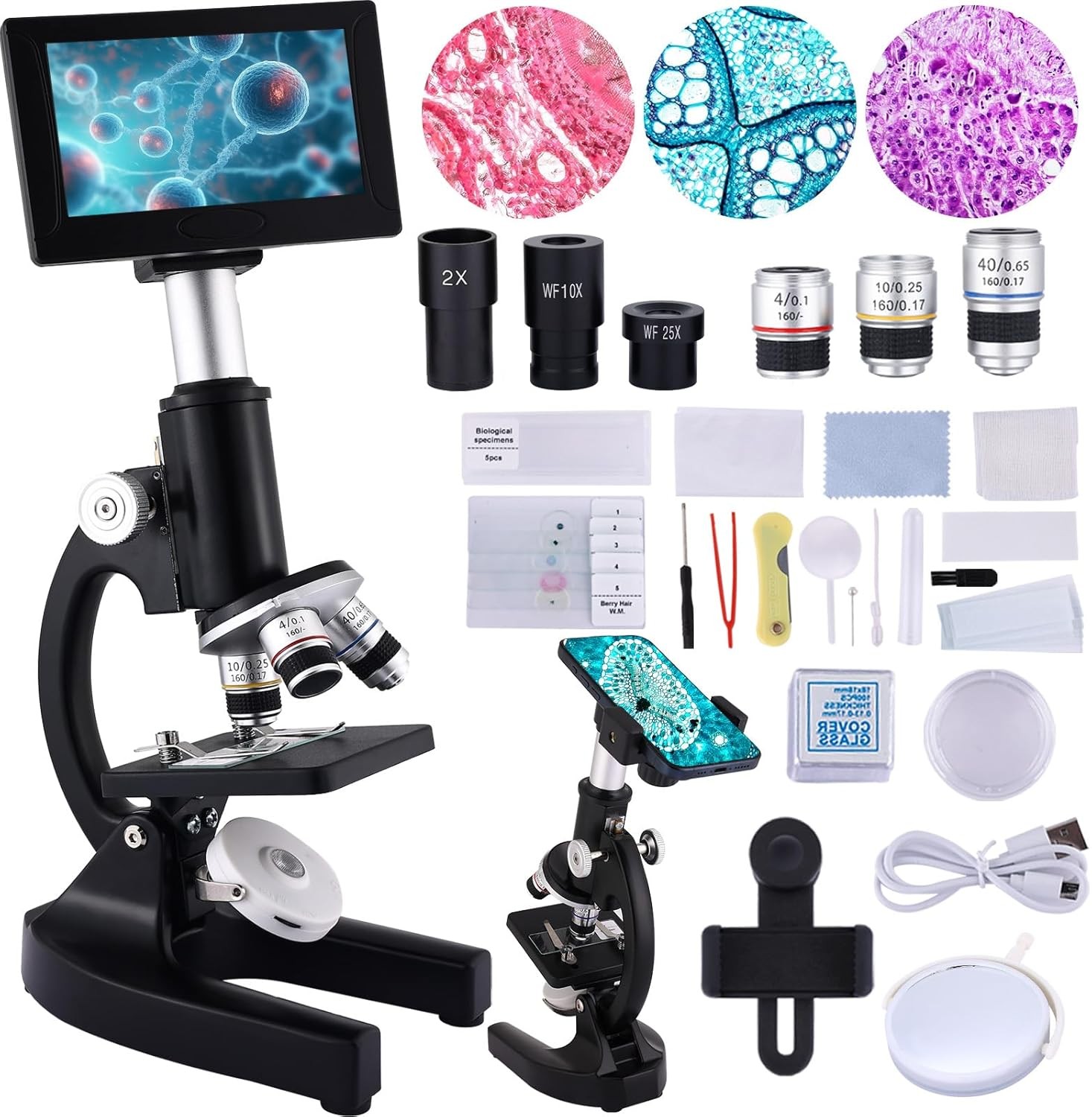 Microscope 40X-2500X Magnification with 4.3-inch Display, Wide-Angle black