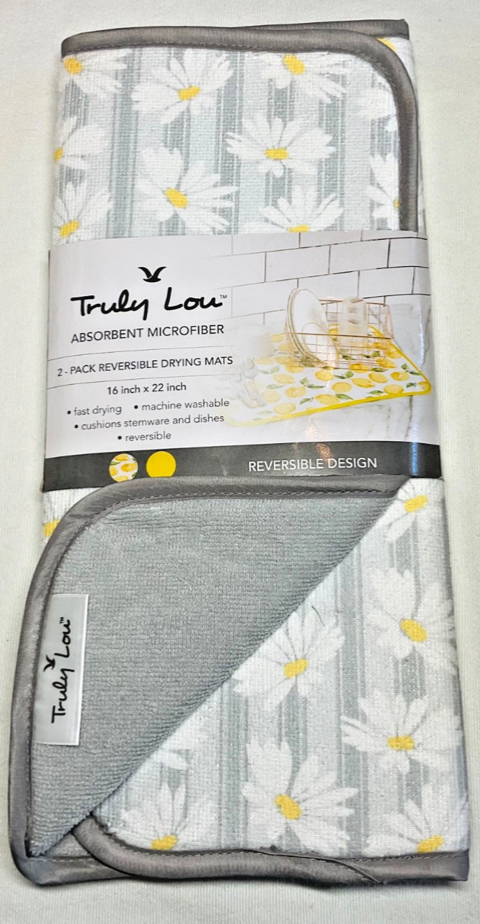 TRULY LOU REVERSIBLE DRYING MATS (2) GRAY  DAISIES 16 X 22 100% POLYESTER NIP