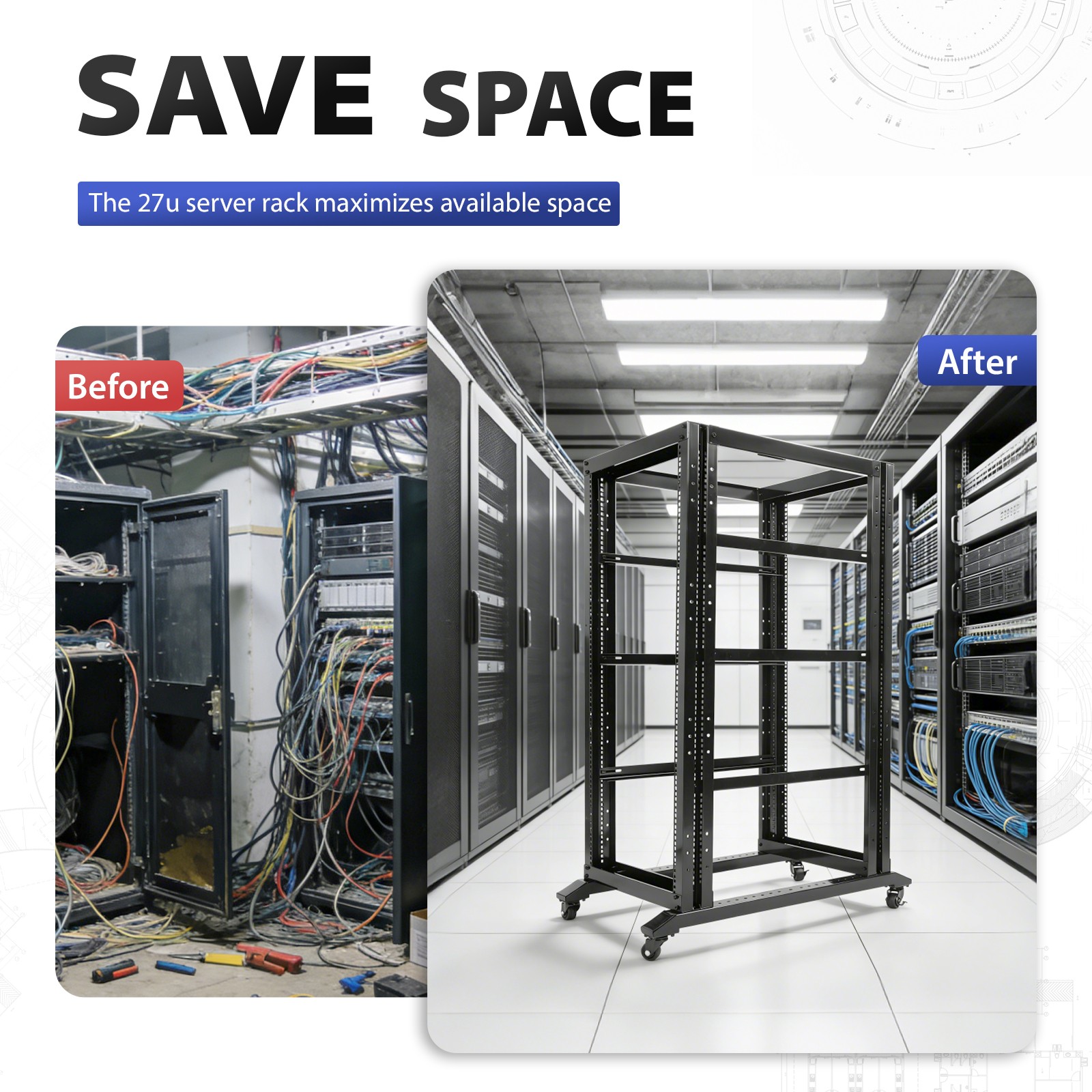 27U 4 Post Open Frame Network Data Server Rack W/ L Rails 22" Adjustable Depth
