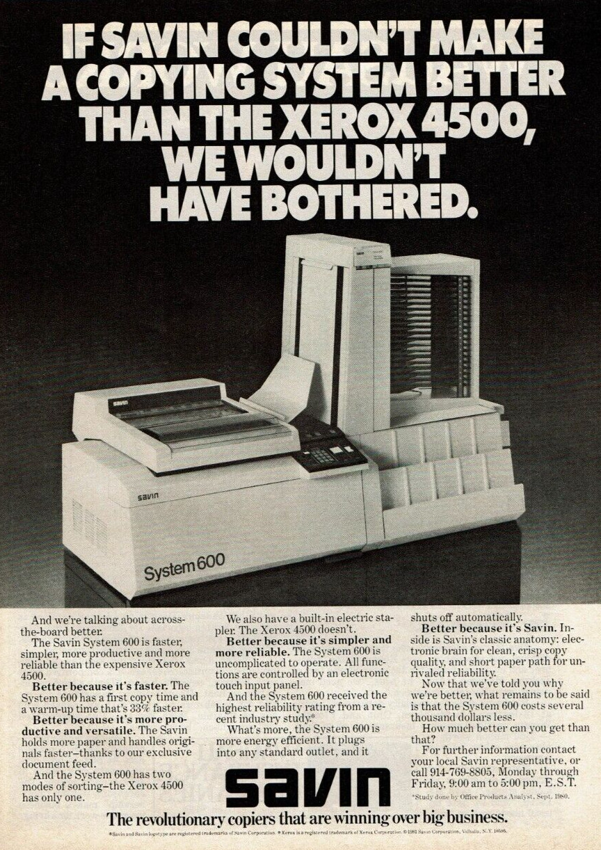1981 Vintage Print Ad If Savin System 600 vs Xerox 4500 Copying System Better