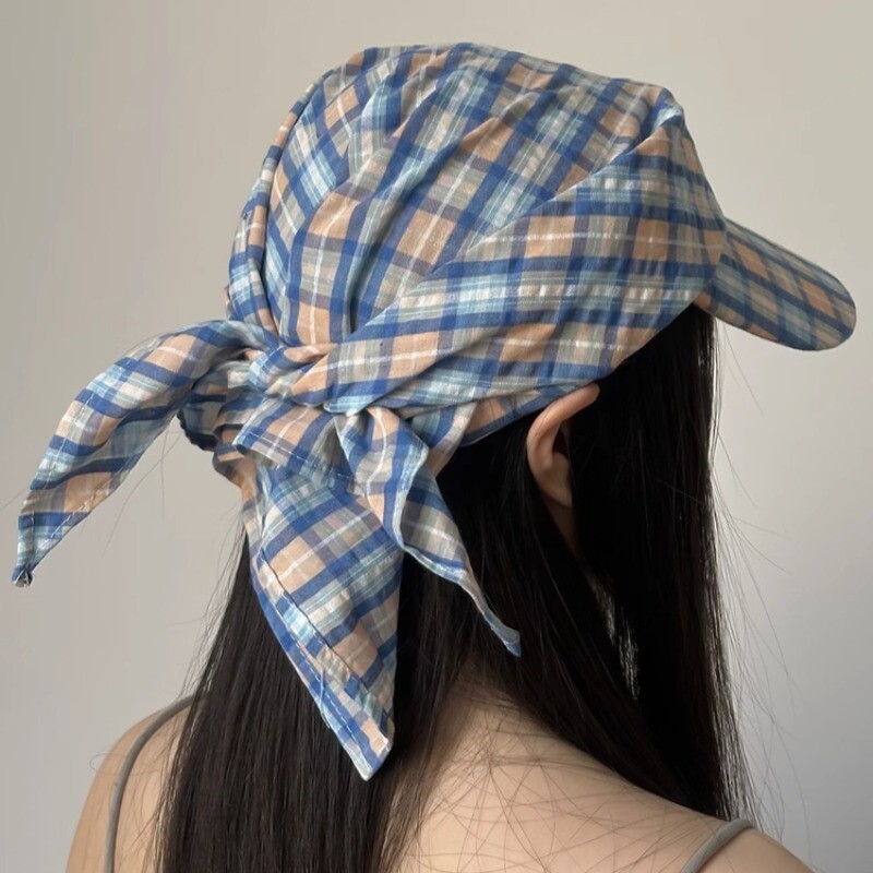 Women Check Plaid Lace Up Baseball Cap Turban Hat Sports Hip Hop Tie-back