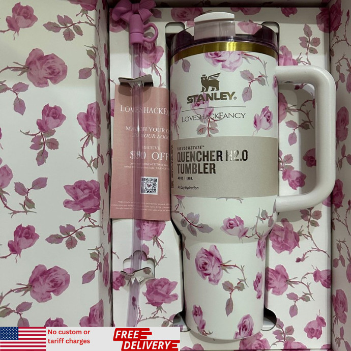 Stanley X Love Shack Fancy Quencher 40 oz Tumbler Cup Ribbon Rosa Pink Gift Box