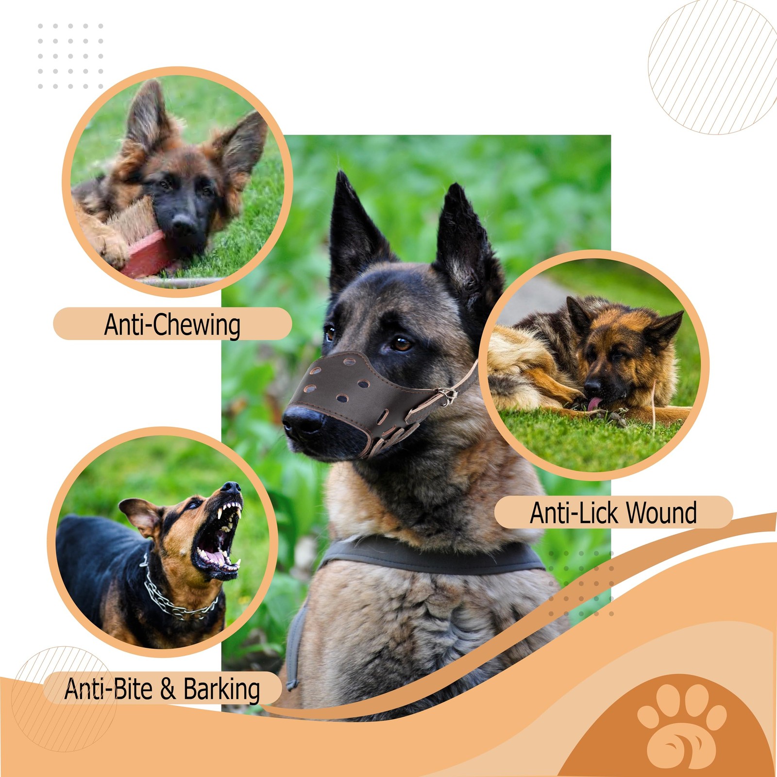 Wagably Brown Leather Muzzle for Dogs - Secure Basket - Large,