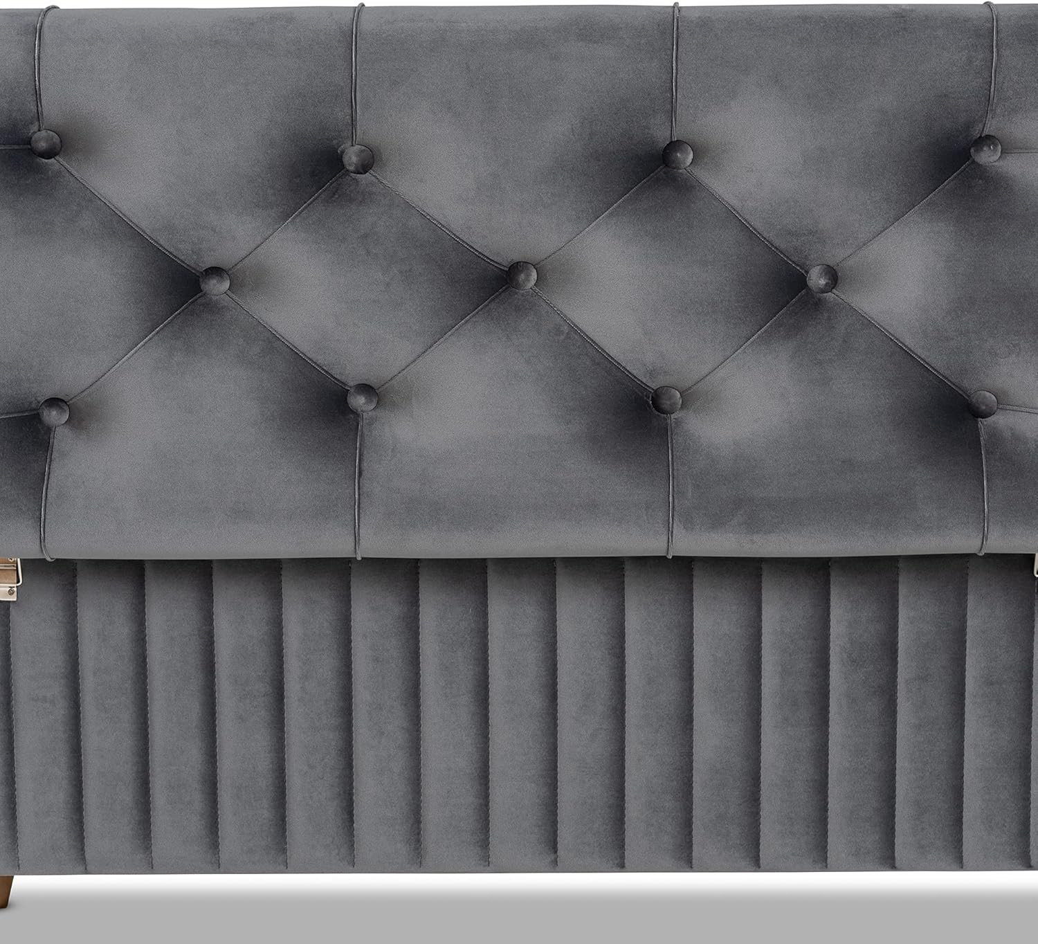 Grey Velvet Storage Ottoman with Walnut Wood Finish - Modern Design
