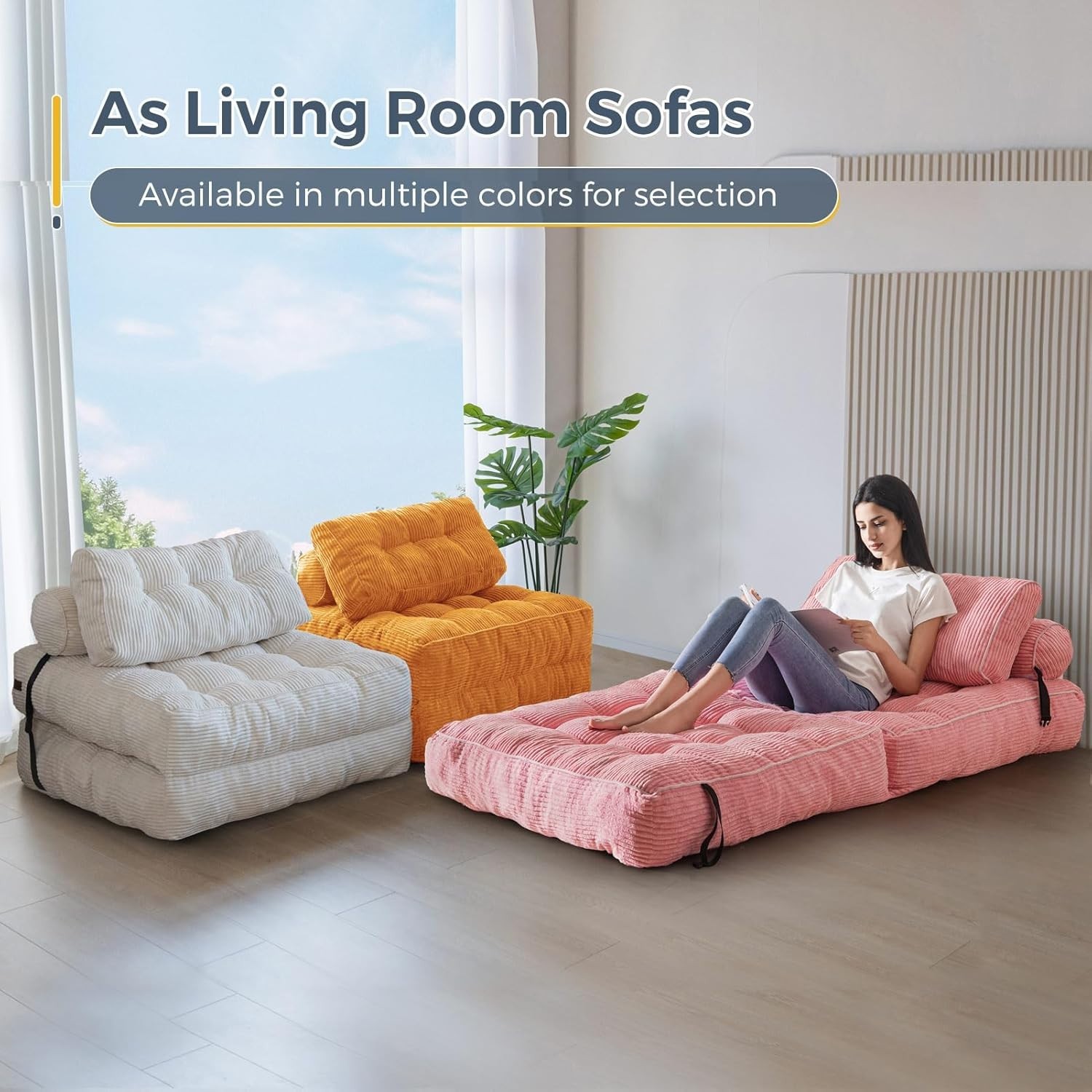 Convertible Sofa Bed Single Size Foldable Couch with Pillow Orange
