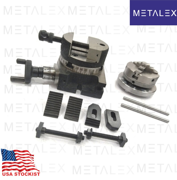 Rotary Table 4" 4-Slot + 80mm Backplate + 70mm 4 Jaw Independent Chuck + Vise