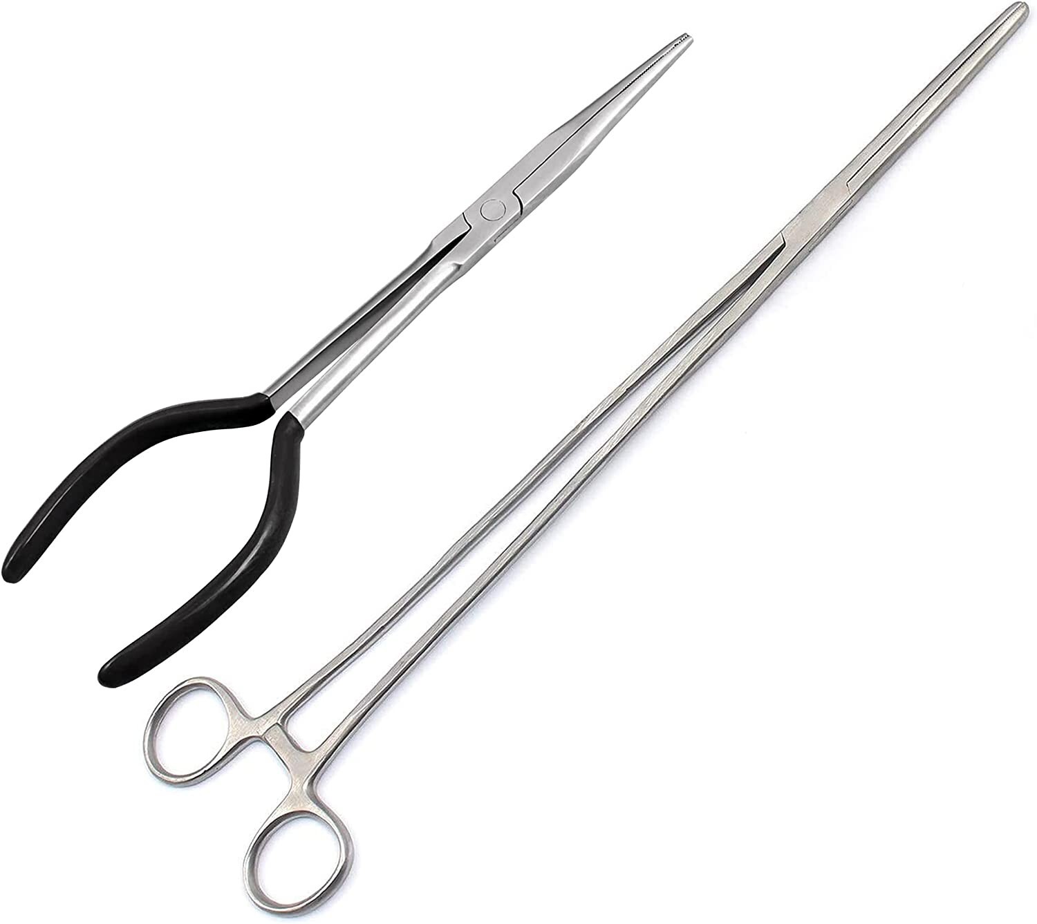 2 Pc Hemostat Forceps 16'' Straight+ Needle Nose Bent Plier 11'' Black Pvc Dep