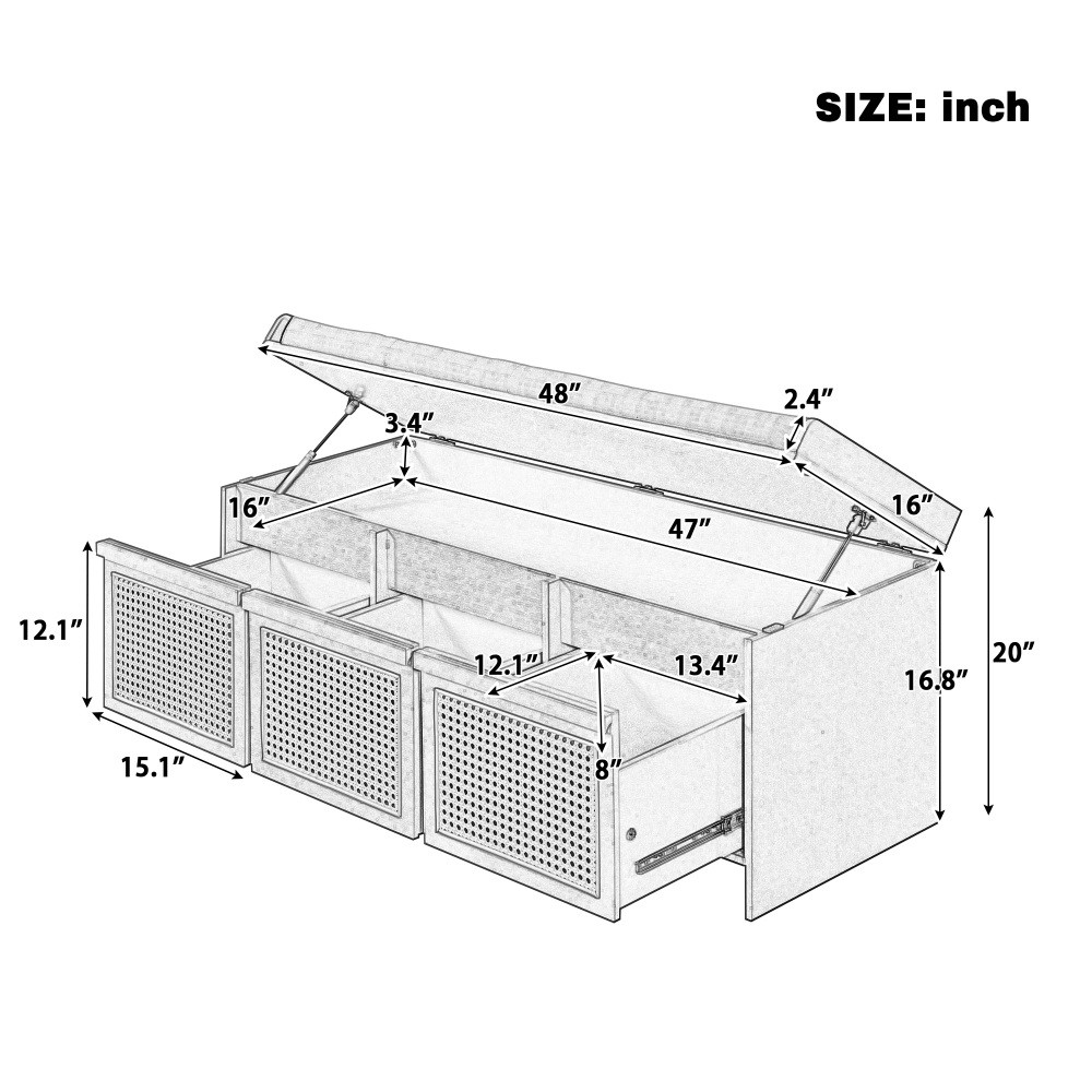 Entryway Shoe Bench, Retro Storage Bench with Rattan Drawers & Removable Button