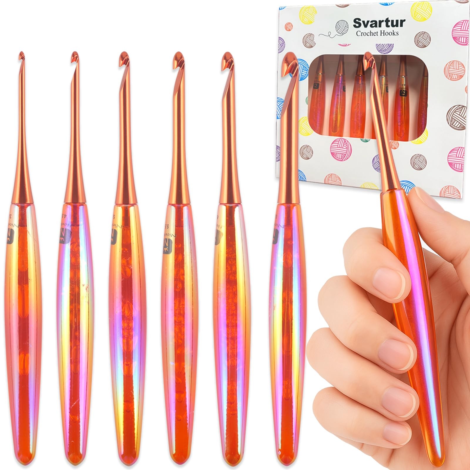 Svartur Ergonomic Crochet Hooks Set, 6 Sizes (3mm–8mm), Resin Comfort Grip Handl