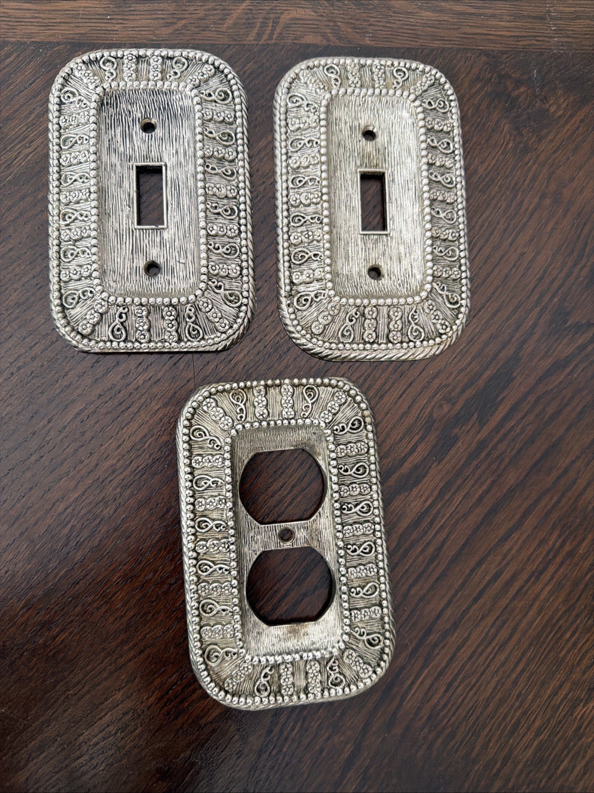 Vintage Set Of 3 Silver Outlet Covers MCM Metal Ornate 1968 American Tack
