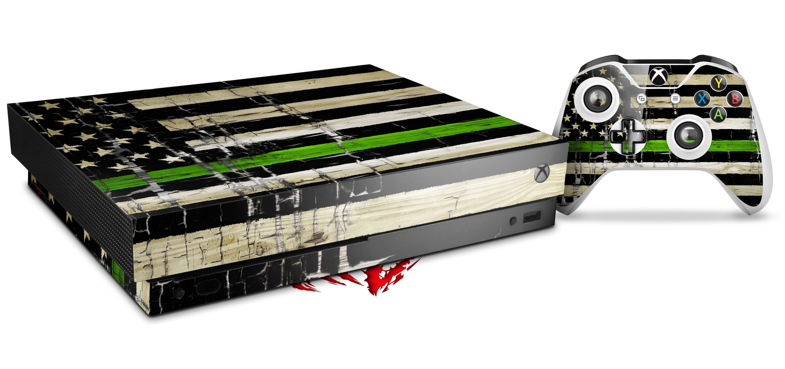 Skin Set for XBOX One X Painted Faded Cracked Green Line USA American Flag