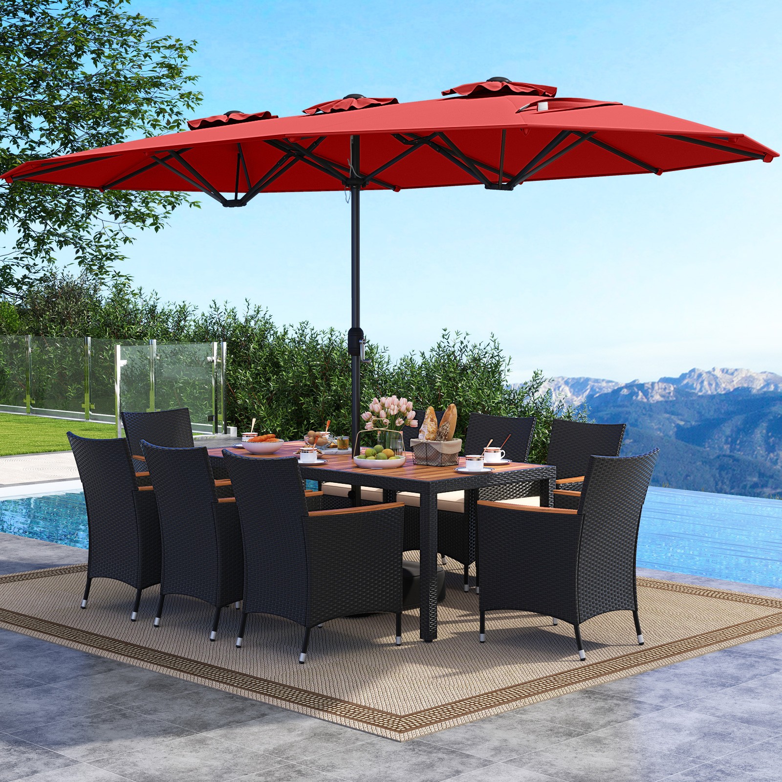 11PCS Patio Wicker Dining Set w/Double-Sided Outdoor Umbrella 8 Stackable Chairs